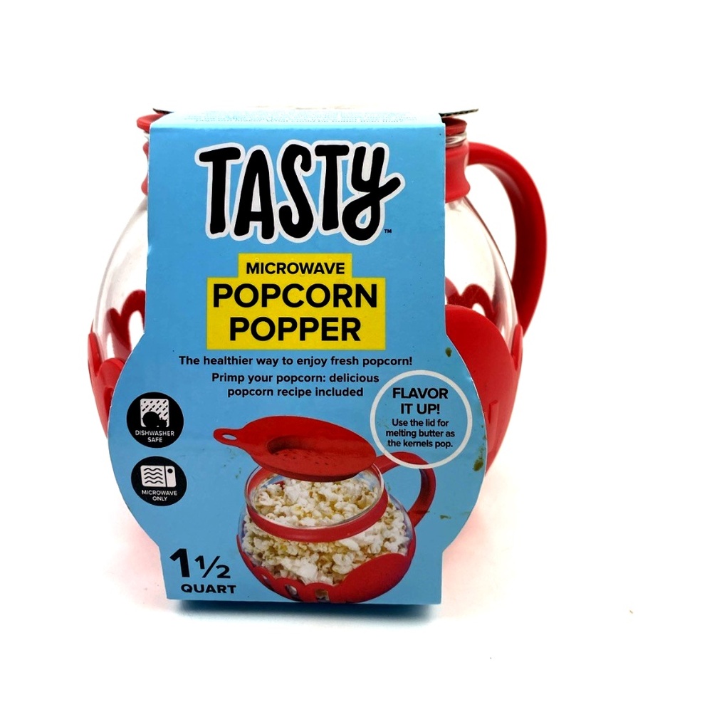 Tasty Microwave Popcorn Popper Maker 1.5Qt Red Borosilicate Glass Handle Kitchen